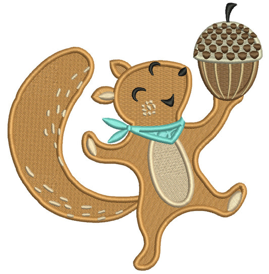 Happy Squirrel Dancing and Holding an Acorn Fall Filled Machine Embroidery Design Digitized Pattern