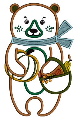Cute Bear Holding Basket With Pumpkins Fall Applique Machine Embroidery Design Digitized Pattern