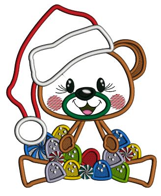 Cute Bear Wearing Santa Hat With Candy Christmas Applique Machine Embroidery Design Digitized Pattern