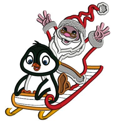 Santa And Penguin Sledding Christmas Applique Machine Embroidery Design Digitized Pattern