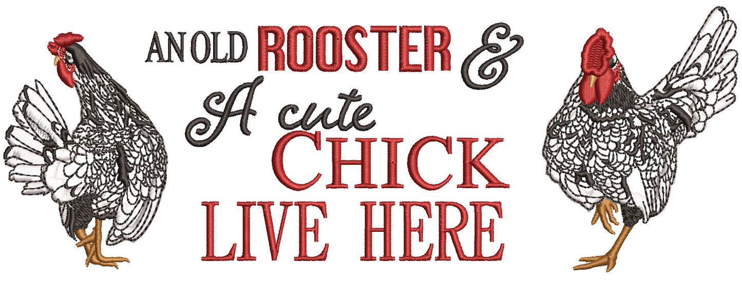 An Old Rooster And a Cute Chick Live Here Applique Machine Embroidery Design Digitized Pattern