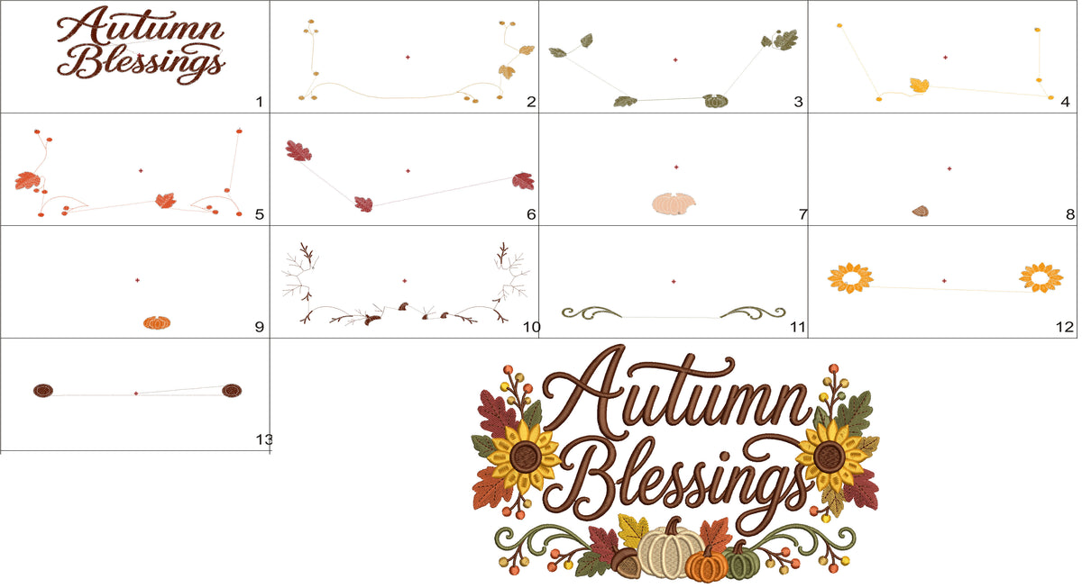 Autumn Blessings Pumpkins And Sunflowers Machine Embroidery Design - Filled