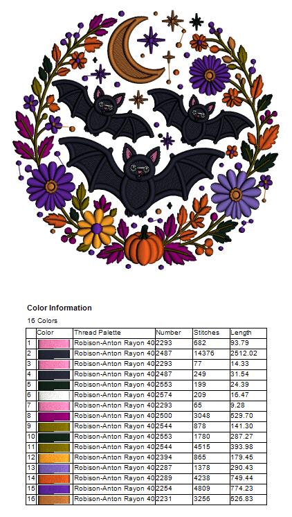 Bats and Moon Wreath with Flowers Halloween Filled Machine Embroidery Design Digitized Pattern