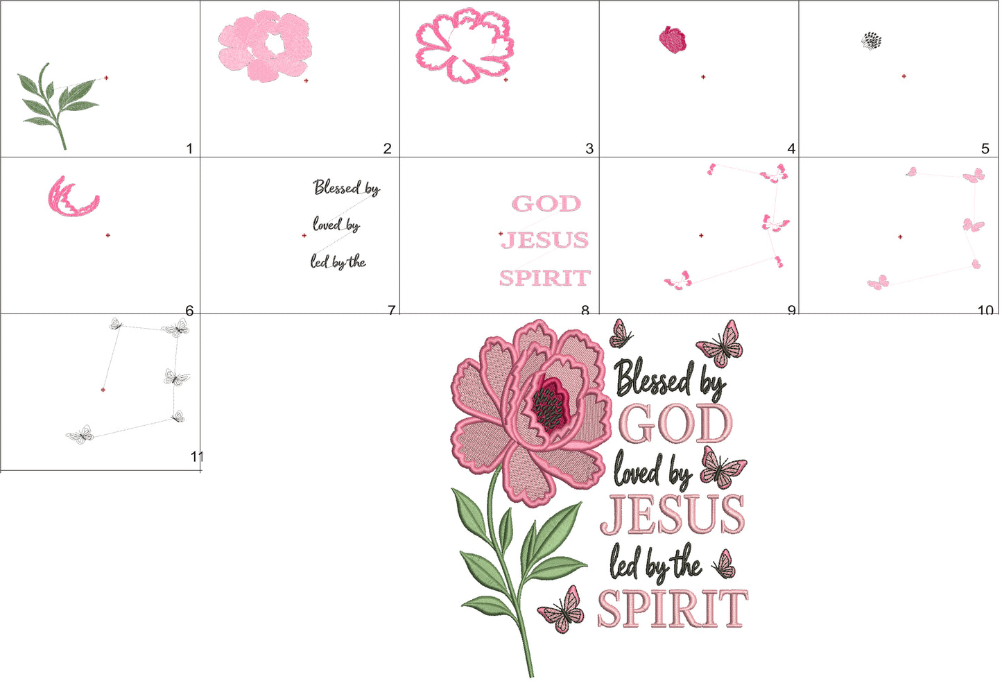 Blessed By Love Loved By Jesus Led By The Spirit Flower and Butterflies Religious Applique Machine Embroidery Design Digitized Pattern