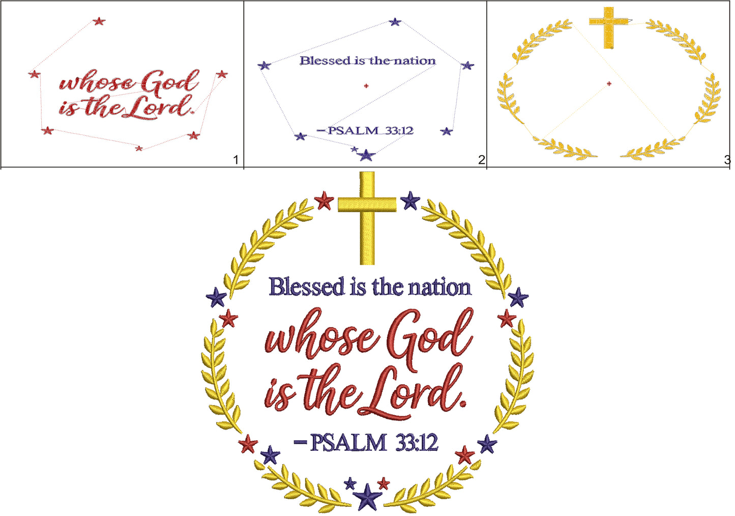 Blessed Is the Nation Whose God Is the Lord Psalm 33:12 Patriotic Religious Filled Machine Embroidery Design Digitized Pattern
