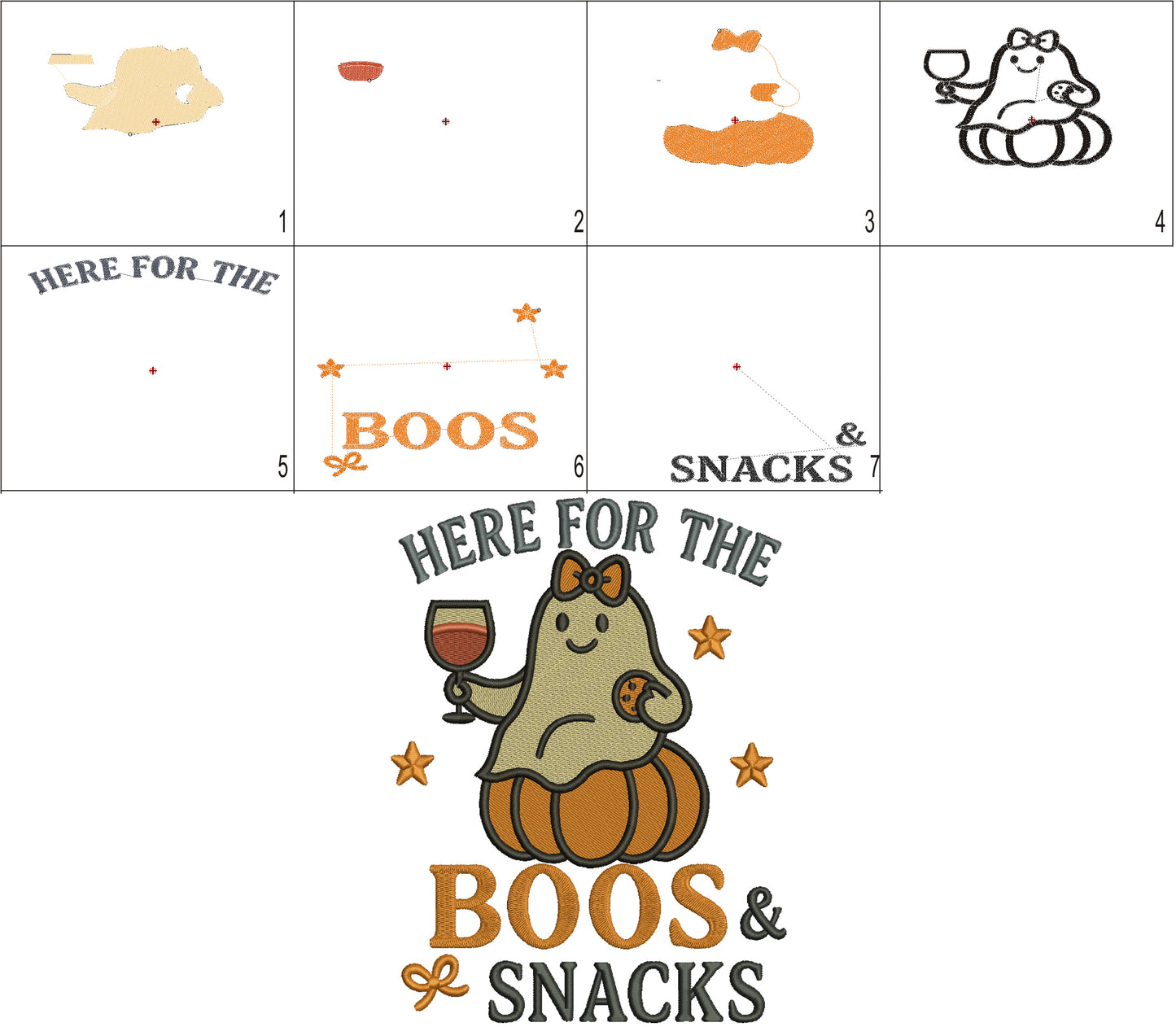 Ghost Halloween Machine Embroidery Design. Here For The Boos And Snacks. Filled Pattern