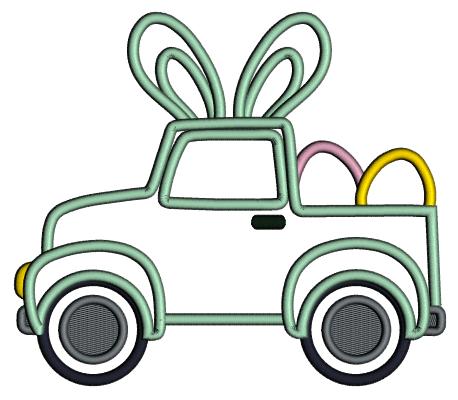 Bunny Ears Truck With Easter Eggs Applique Machine Embroidery Design Digitized Pattern