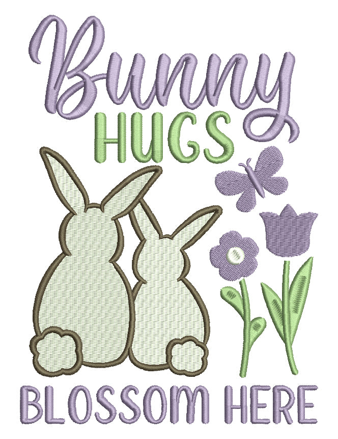 Bunny Hugs Blossom Here Two Bunnies Easter Filled Machine Embroidery Design Digitized Pattern