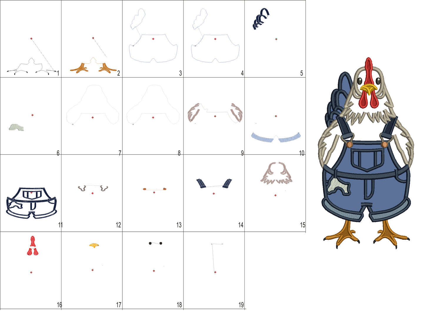 Rooster Farmer Wearing Overalls Appliqué Machine Embroidery Design Digitized Pattern