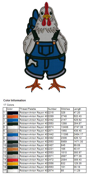 Rooster Farmer Wearing Overalls Filled Machine Embroidery Design Digitized Pattern