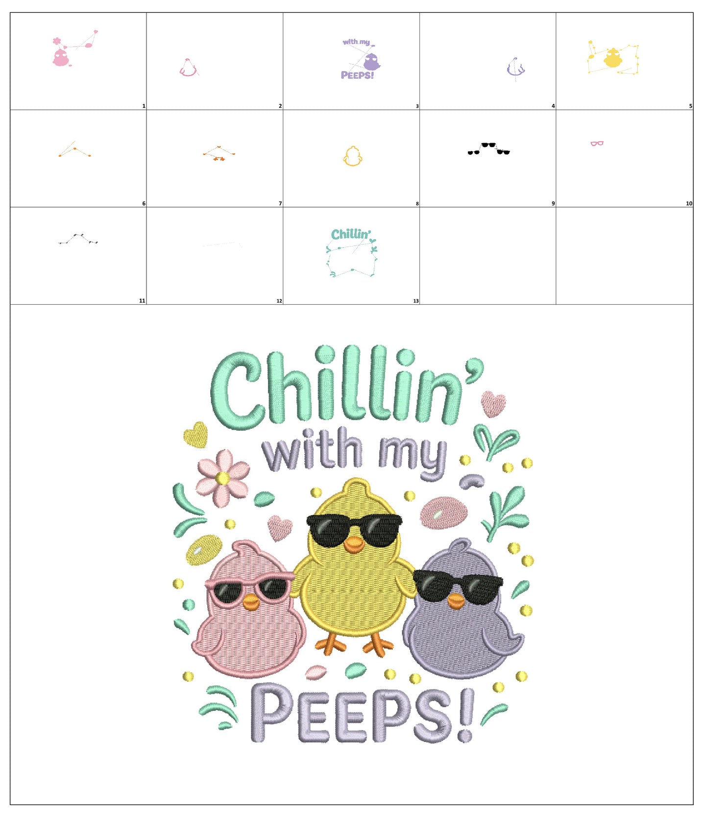 Chillin With My Peeps Three Little Chicks Easter Filled Machine Embroidery Design Digitized Pattern