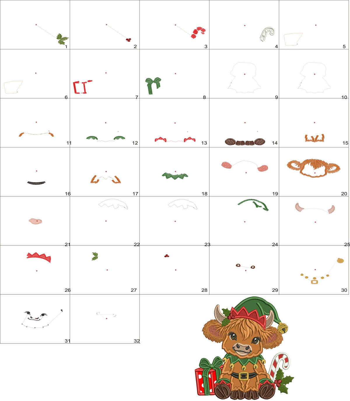 Highland Cow Christmas Machine Embroidery Design With Present and Candy Cane - Applique