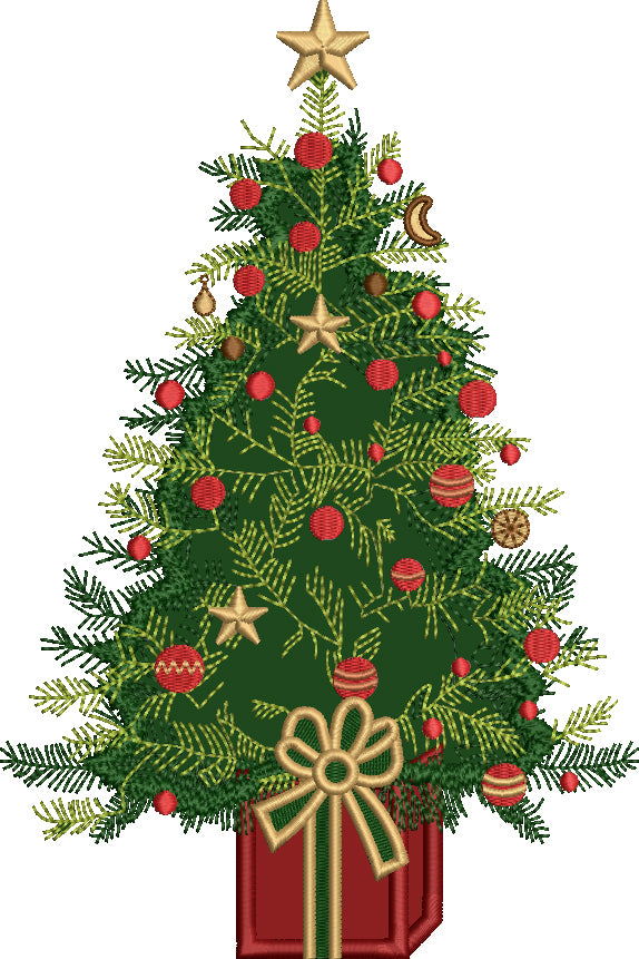 Christmas Tree With a Star Top And Big Gift Filled With Gifts Applique Machine Embroidery Design Digitized Pattern