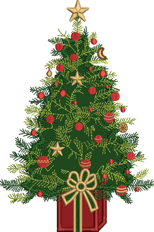 Christmas Tree With a Star Top And Big Gift Filled With Gifts Applique Machine Embroidery Design Digitized Pattern