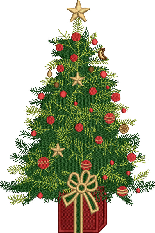 Christmas Tree With a Star Top And Big Gift Filled With Gifts Filled Machine Embroidery Design Digitized Pattern