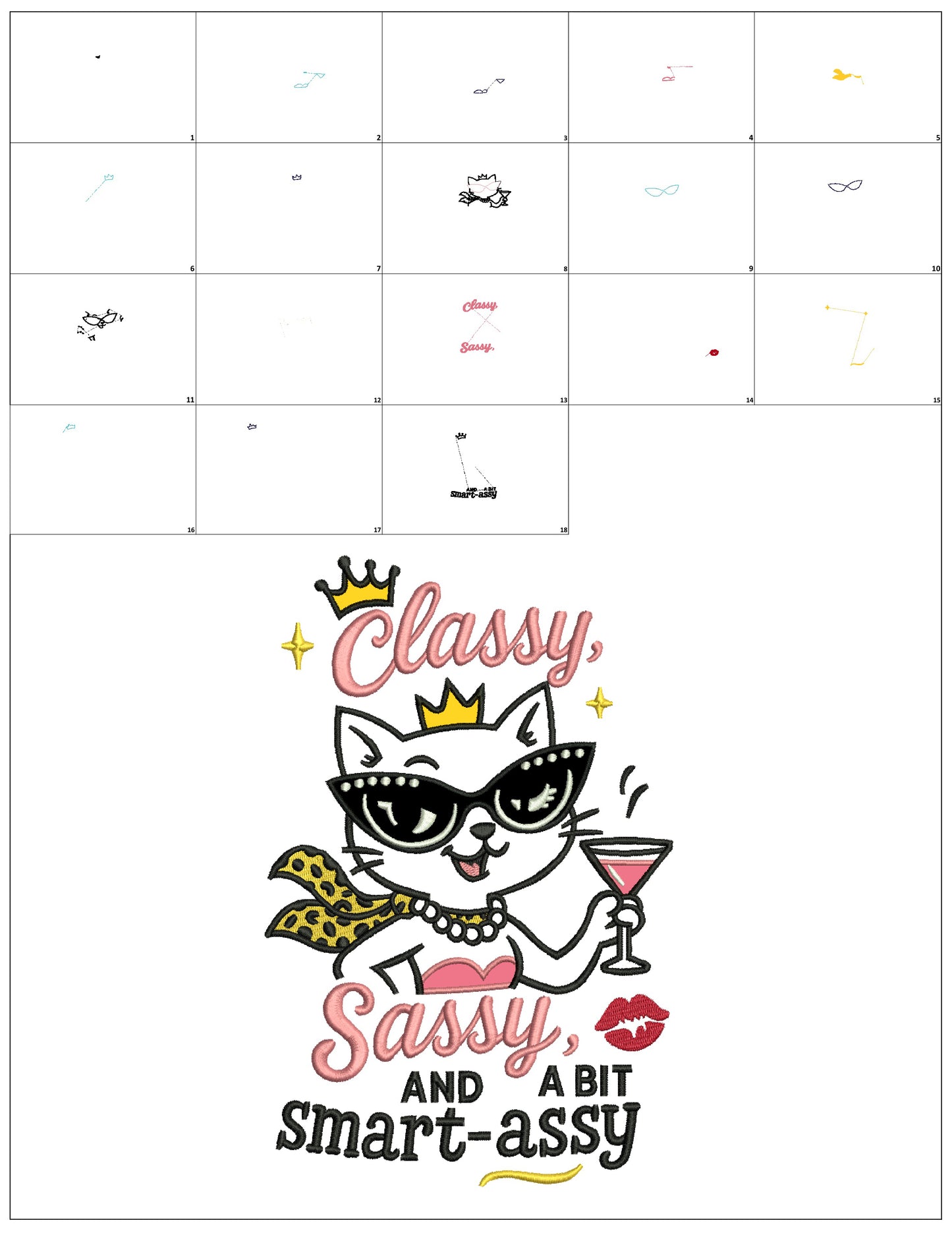 Classy, Sassy, and a Bit Smart-Assy Cute Cat Holding Martini Glass Appliqué Machine Embroidery Design Digitized Pattern