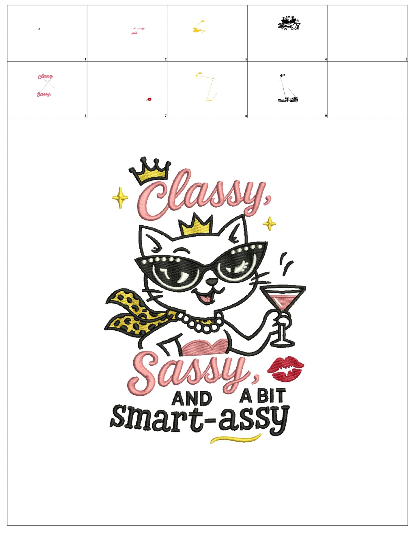Classy, Sassy, and a Bit Smart-Assy Cute Cat Holding Martini Glass Filled Machine Embroidery Design Digitized Pattern