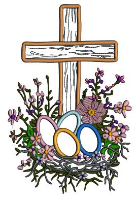 Cross And Easter Eggs In Bird's Nest Applique Machine Embroidery Design Digitized Pattern