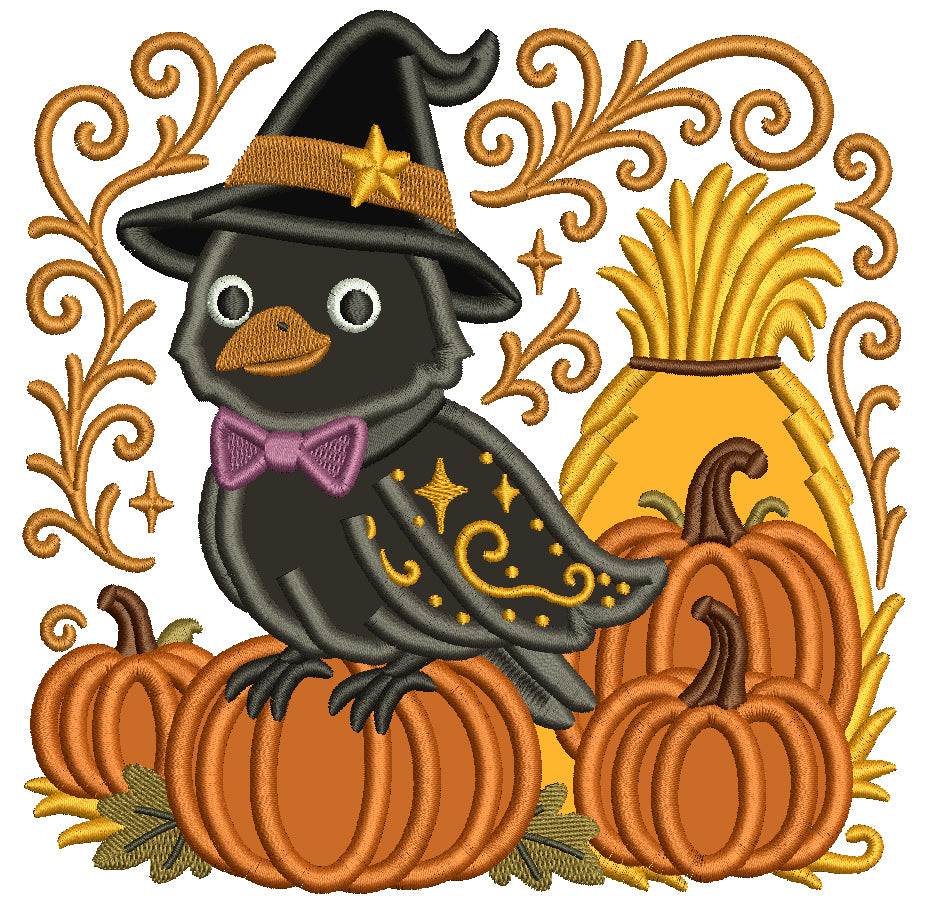 Crow Sitting on a Pumpkin Wearing a Witch’s Hat Applique Machine Embroidery Design, Digitized Pattern
