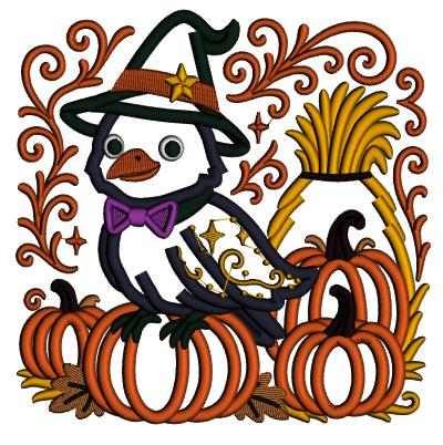 Crow Sitting on a Pumpkin Wearing a Witch’s Hat Applique Machine Embroidery Design, Digitized Pattern