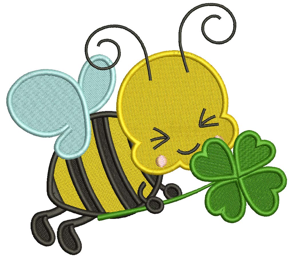 Cute Bee With Shamrock St. Patrick's Day Filled Machine Embroidery Design Digitized Pattern