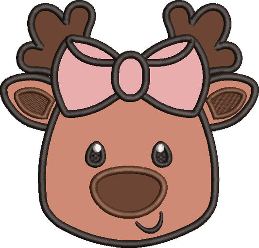 Cute Girl Baby Reindeer With a Big Hair Bow Christmas Applique Machine Embroidery Design Digitized Pattern