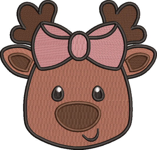 Cute Girl Baby Reindeer With a Big Hair Bow Christmas Filled Machine Embroidery Design Digitized Pattern