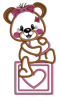Cute Girl Bear Holding Big Heart Valentine's Day Love Applique Machine Embroidery Design Digitized Pattern