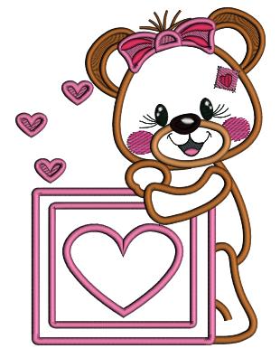 Cute Girl Bear Holding Big Picture Frame With Heart Valentine's Day Love Applique Machine Embroidery Design Digitized Pattern