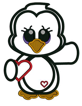 Cute Little Baby Penguin Holding a Heart Valentine's Day Love Applique Machine Embroidery Design Digitized Pattern