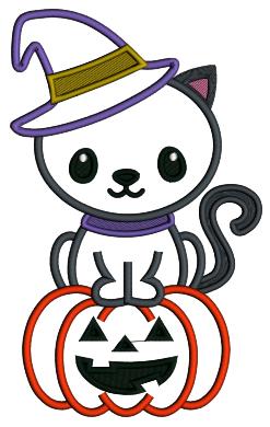 Cute Little Black Kitten Wearing Witch Hat Sitting On a Pumpkin Halloween Applique Machine Embroidery Design Digitized Pattern