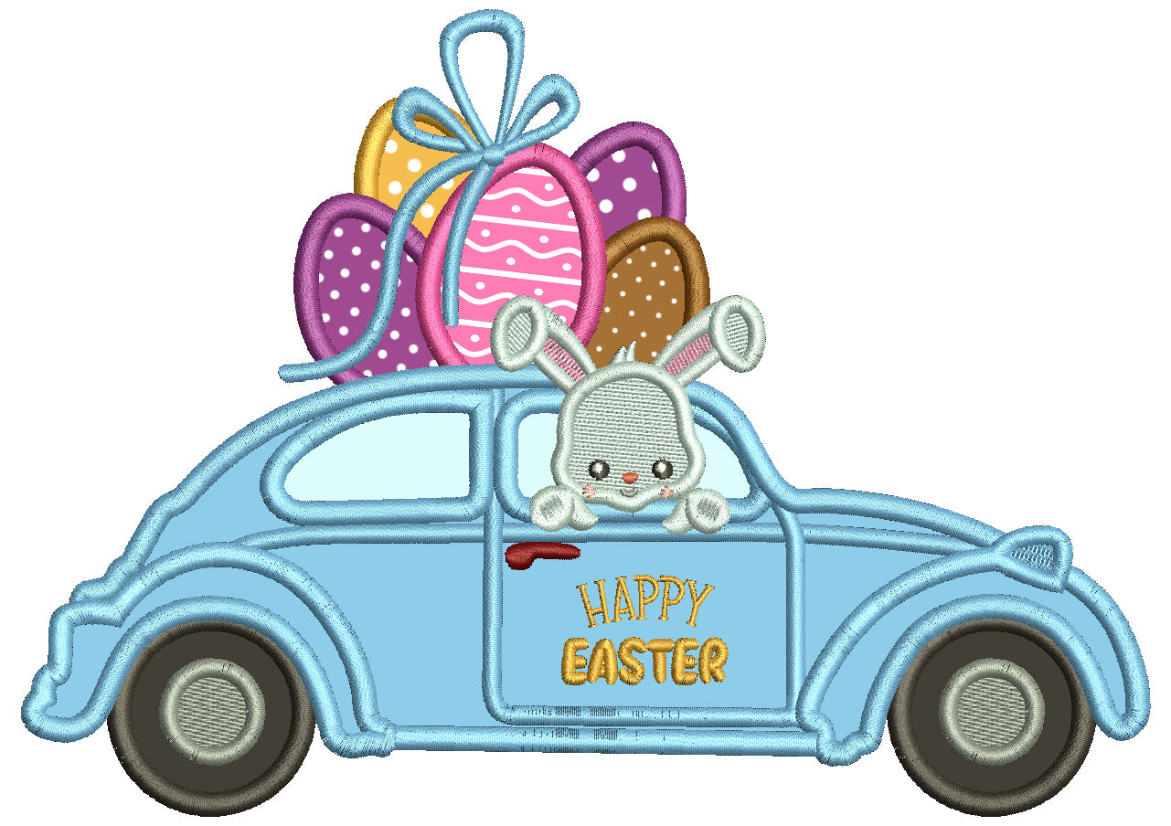 Cute Little Bunny Driving In The Car With Easter Eggs Easter Applique Machine Embroidery Design Digitized Pattern