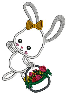 Cute Little Bunny Holding Basket With Easter Eggs And Flowers Applique Machine Embroidery Design Digitized Pattern