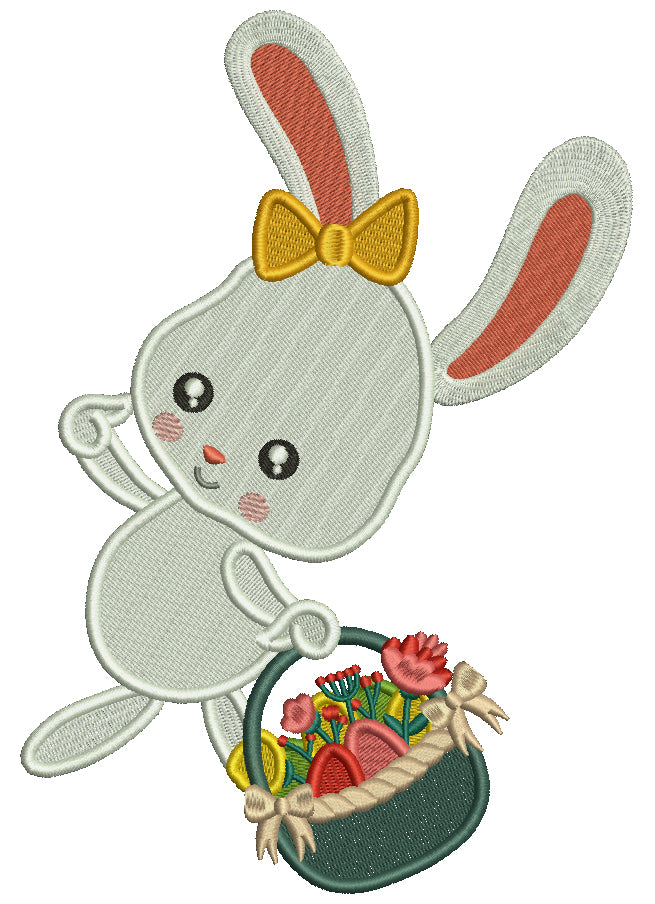 Cute Little Bunny Holding Basket With Easter Eggs And Flowers Filled Machine Embroidery Design Digitized Pattern