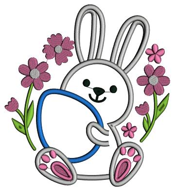 Cute Little Bunny With Flowers Holding Easter Egg Applique Machine Embroidery Design Digitized Pattern