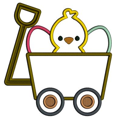 Cute Little Chick Sitting In The Wagon WIth Easter Eggs Applique Machine Embroidery Design Digitized Pattern