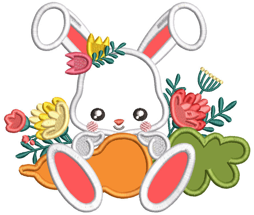 Cute Little Easter Bunny With Flowers Applique Machine Embroidery Design Digitized Pattern