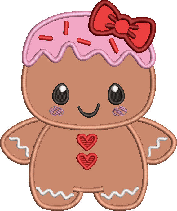 Cute Little Ginger Bread Girl With a Big Hair Bow Christmas Applique Machine Embroidery Design Digitized Pattern