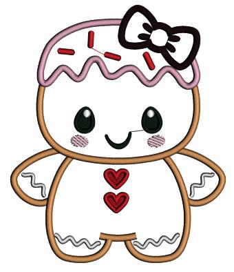 Cute Little Ginger Bread Girl With a Big Hair Bow Christmas Applique Machine Embroidery Design Digitized Pattern