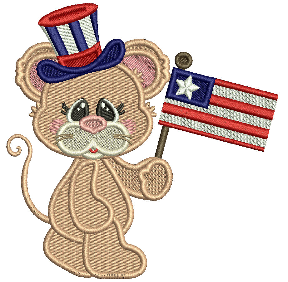 Cute Little Mouse Holding American Flag Patriotic Filled Machine Embroidery Design Digitized Pattern