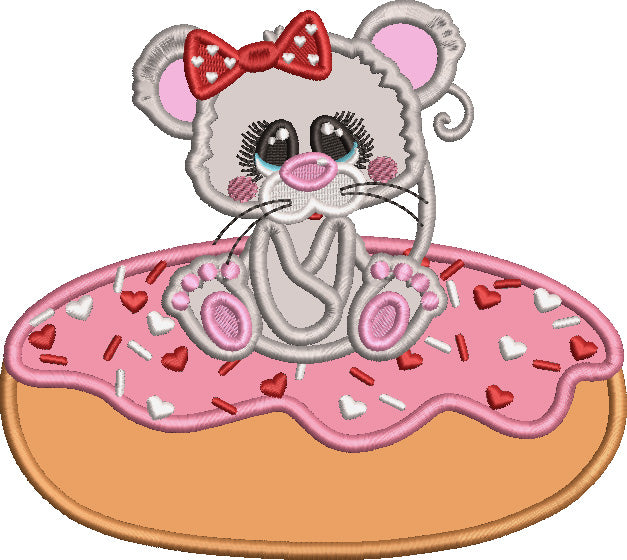 Cute Little Mouse Sitting Inside The Donut Valentine's Day Love Applique Machine Embroidery Design Digitized Pattern