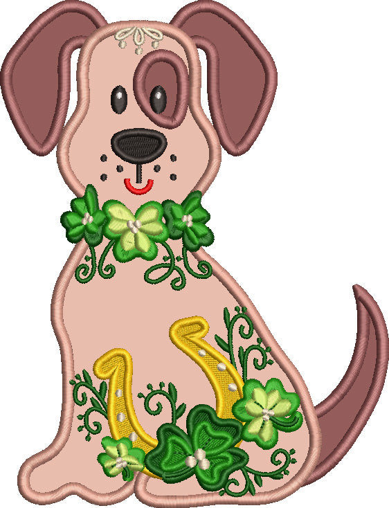 Cute Lucky Dog With Shamrocks And Horse Shoe St. Patrick's Day Applique Machine Embroidery Design Digitized Pattern