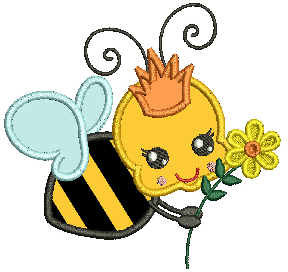 Cute Queen Bee With a Flower Summer Applique Machine Embroidery Design Digitized Pattern