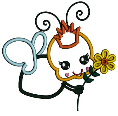 Cute Queen Bee With a Flower Summer Applique Machine Embroidery Design Digitized Pattern