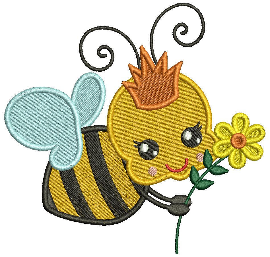 Cute Queen Bee With a Flower Summer Filled Machine Embroidery Design Digitized Pattern