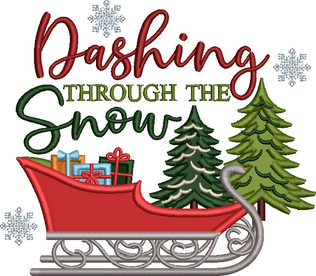 Dashing Through The Snow Christmas Sleigh Filled With Gifts Applique Machine Embroidery Design Digitized Pattern