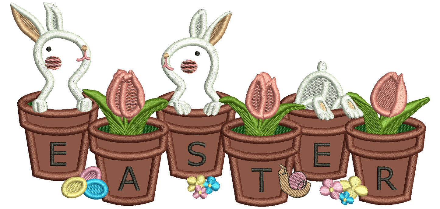 Easter Bunnies Sitting Inside Flower Pots Applique Machine Embroidery Design Digitized Pattern