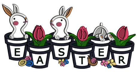 Easter Bunnies Sitting Inside Flower Pots Applique Machine Embroidery Design Digitized Pattern
