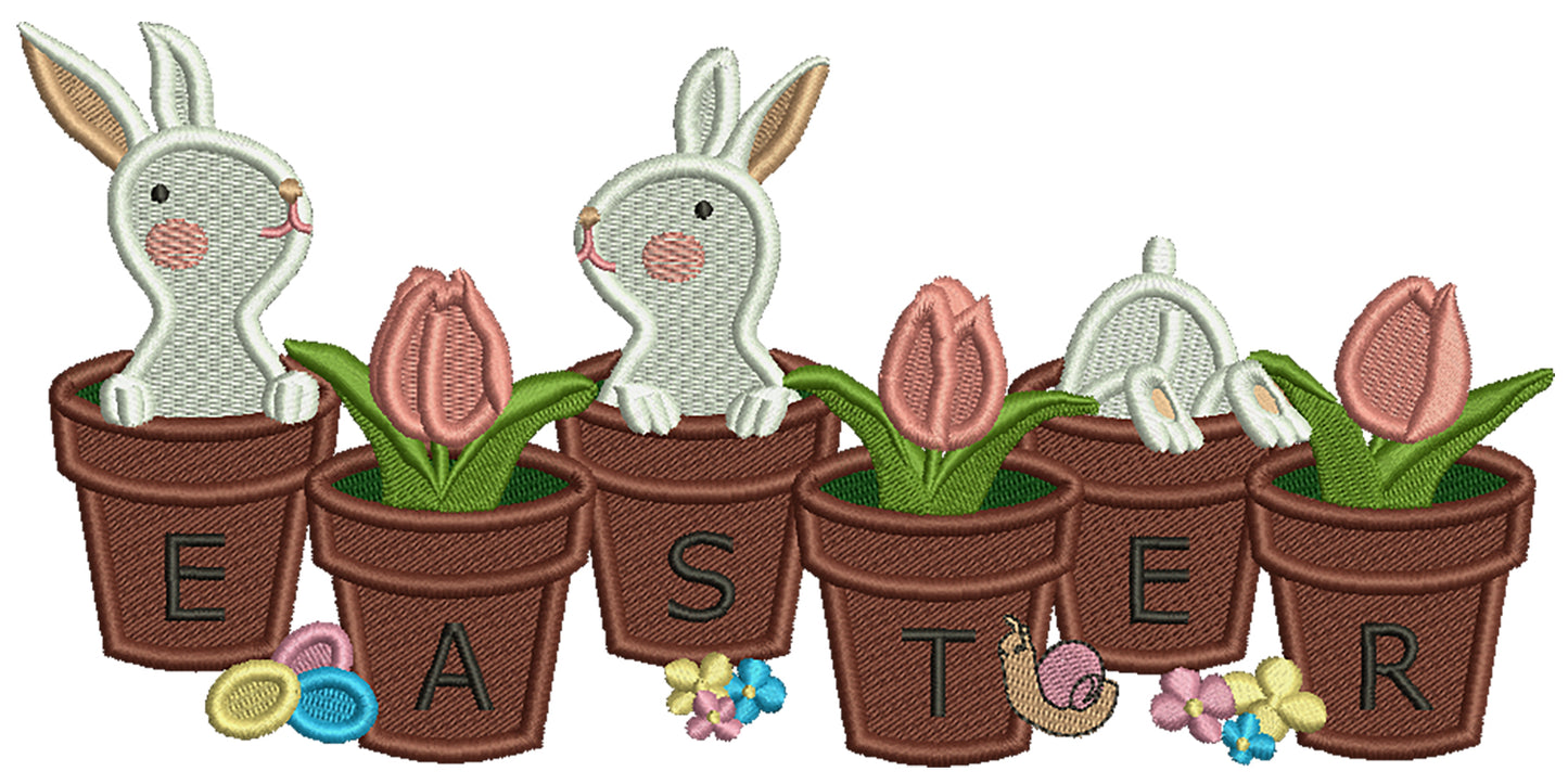 Easter Bunnies Sitting Inside Flower Pots Filled Machine Embroidery Design Digitized Pattern