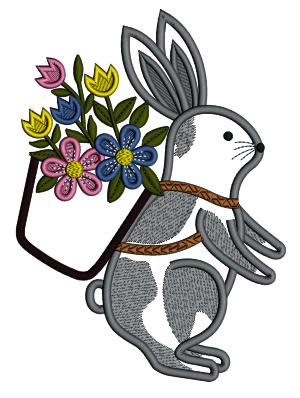 Easter Bunny With Basket Full Of Flowers Applique Machine Embroidery Design Digitized Pattern